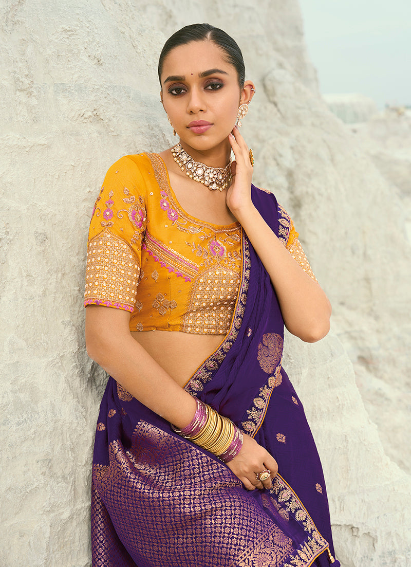 Purple Organza Viscose Satin Embroidered Contemporary Saree
