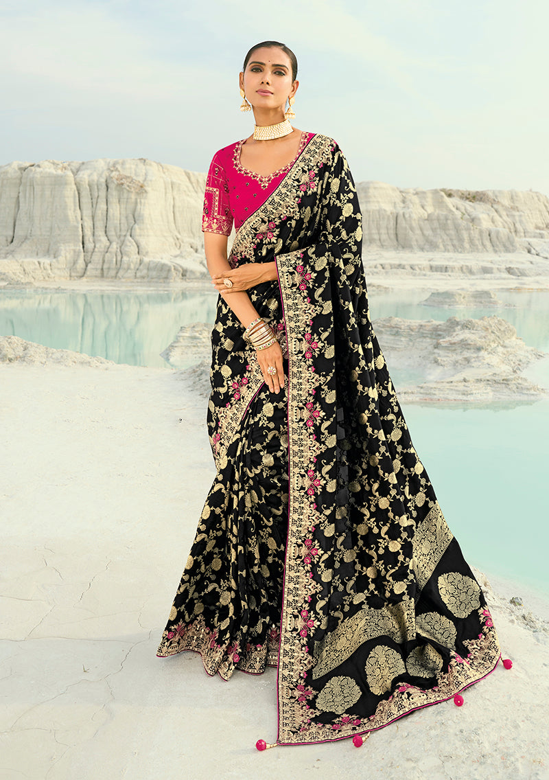 Stunning black viscose saree adorned with detailed cutdana and moti work
