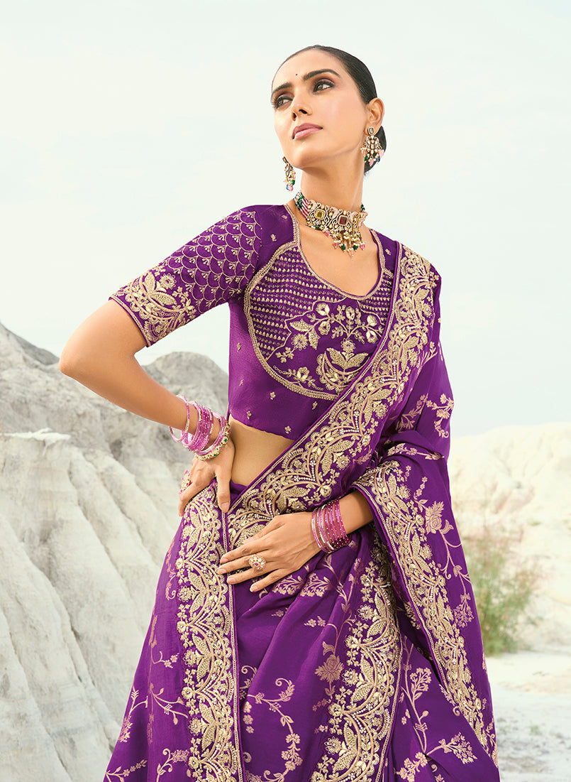 Dark Magenta Viscose Saree with Embroidered Cutdana and Moti Work