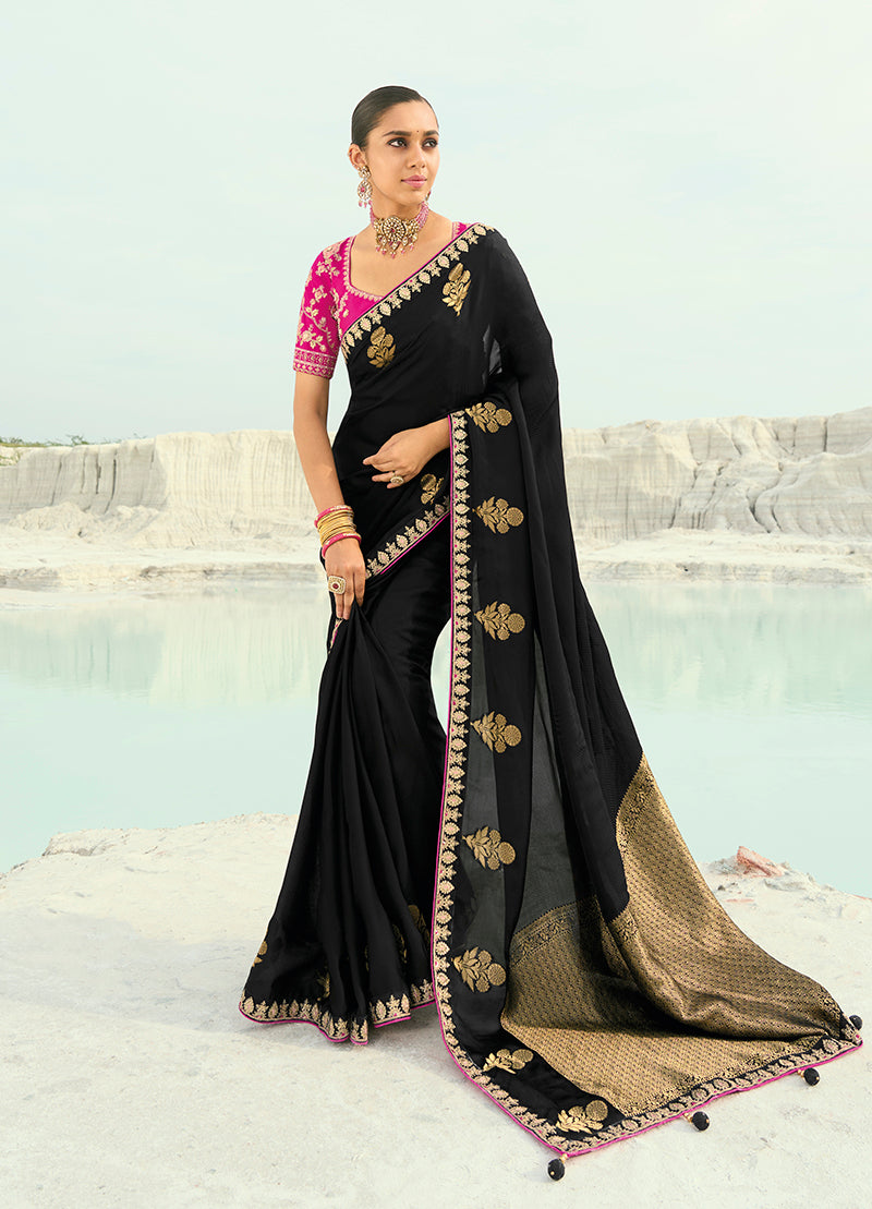Contemporary black organza and satin saree with detailed embroidery
