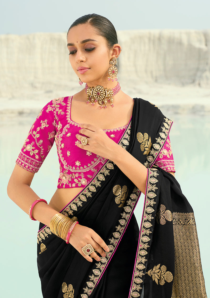 Black Organza Viscose Satin Embroidered Contemporary Saree