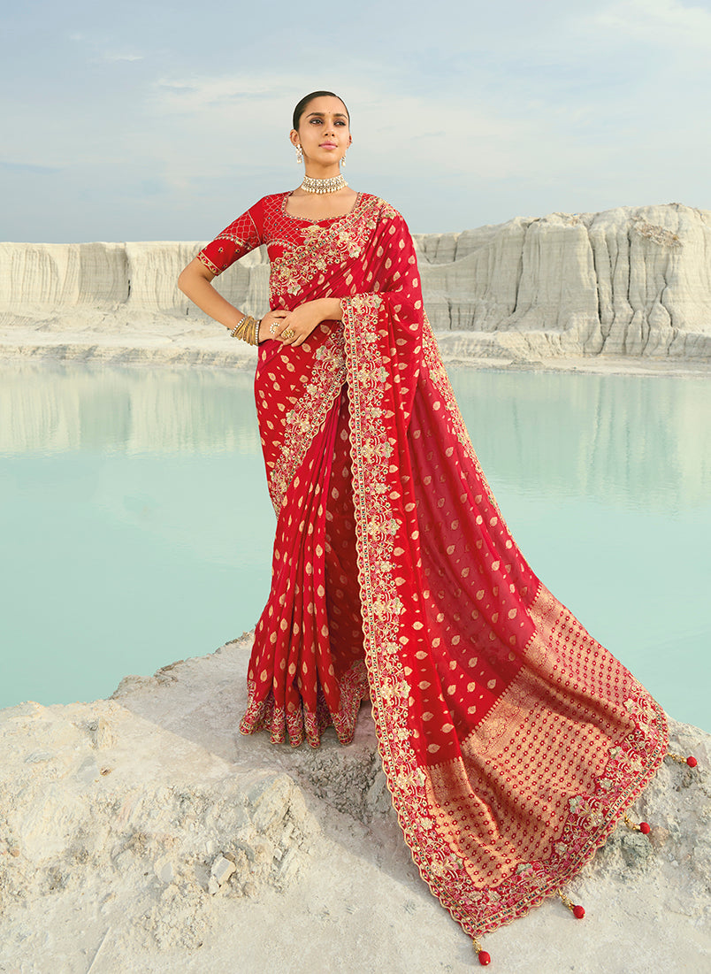 Elegant red viscose saree with intricate cutdana and moti embroidery detail