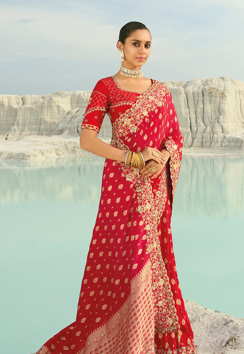 Red Viscose Contemporary Saree with Cutdana and Moti Embroidery