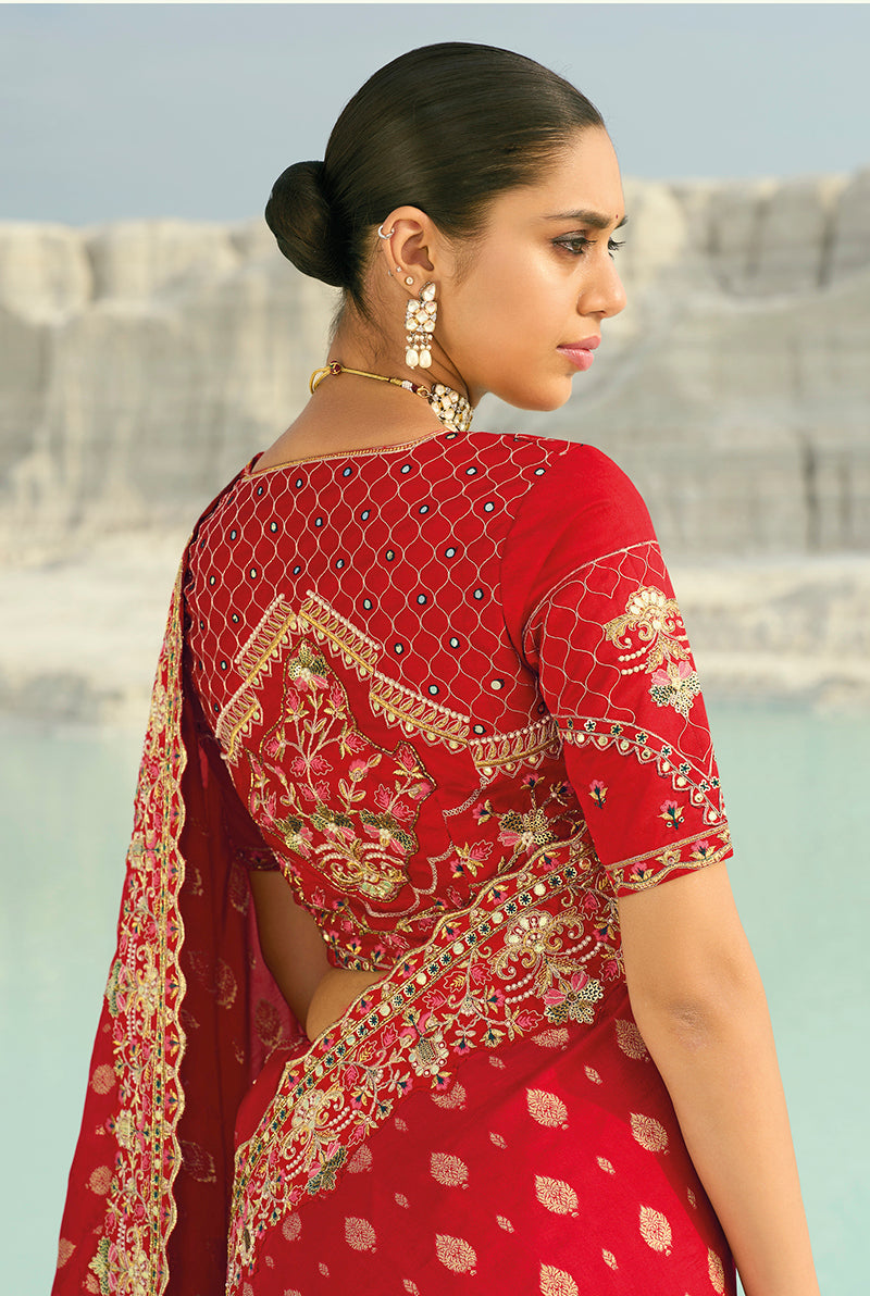 Red Viscose Contemporary Saree with Cutdana and Moti Embroidery