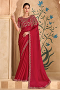 Vibrant red faux georgette saree with elegant embroidered borders and unstitched blouse.