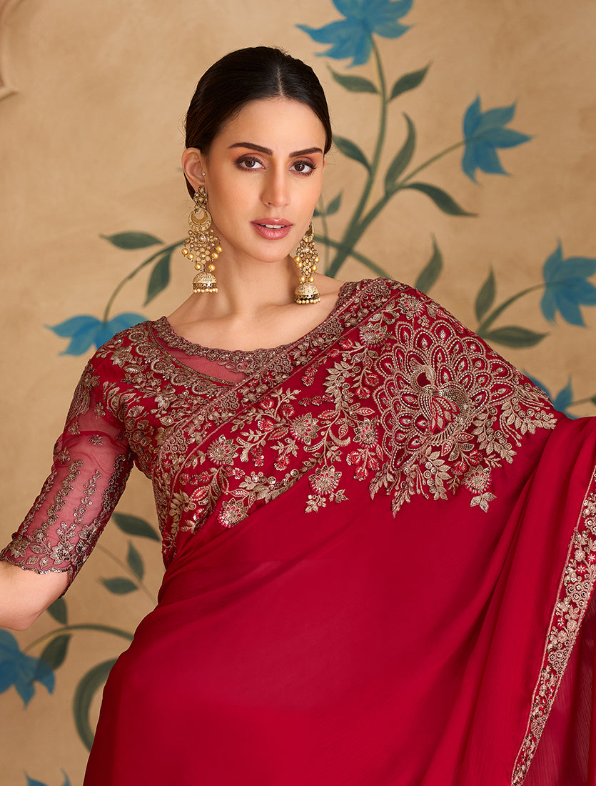 Red Faux Georgette Embroidered Saree with Unstitched Blouse