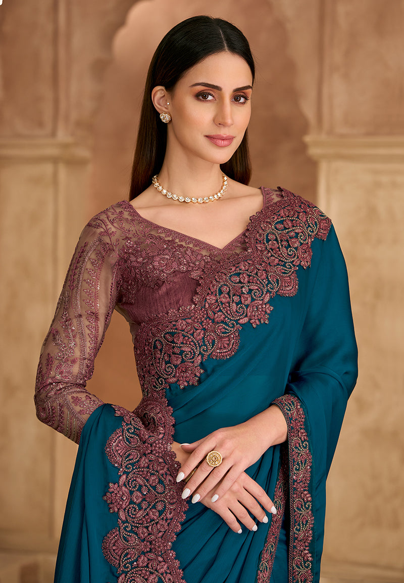 Teal Blue Embroidered Faux Chiffon Satin Saree with Unstitched Blouse