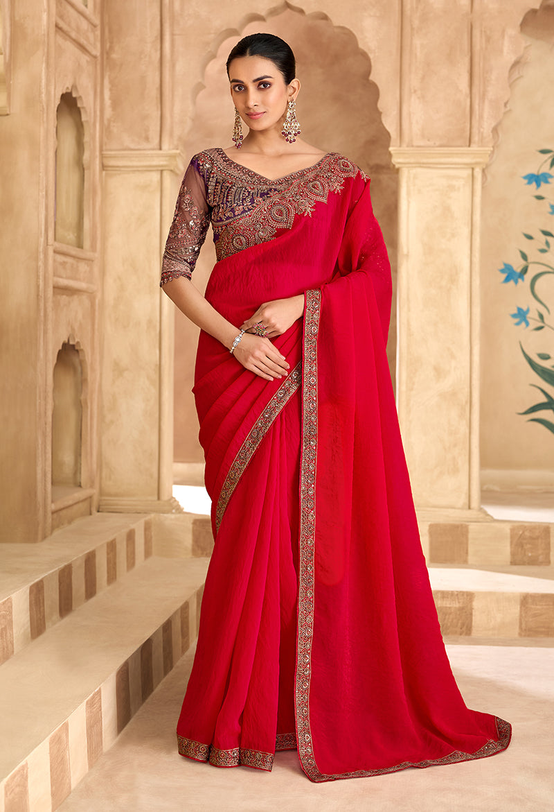 Red faux georgette and satin saree with beautiful embroidery