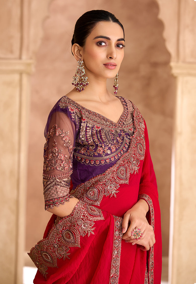 Red Embroidered Faux Georgette Satin Classic Saree