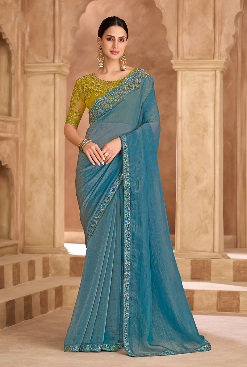 Sky Blue Faux Georgette saree with intricate embroidered borders