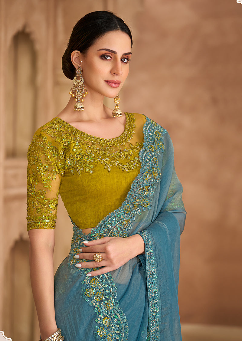Sky Blue Faux Georgette Embroidered Saree