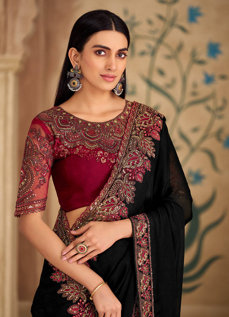 Black Embroidered Faux Georgette Saree with Unstitched Blouse