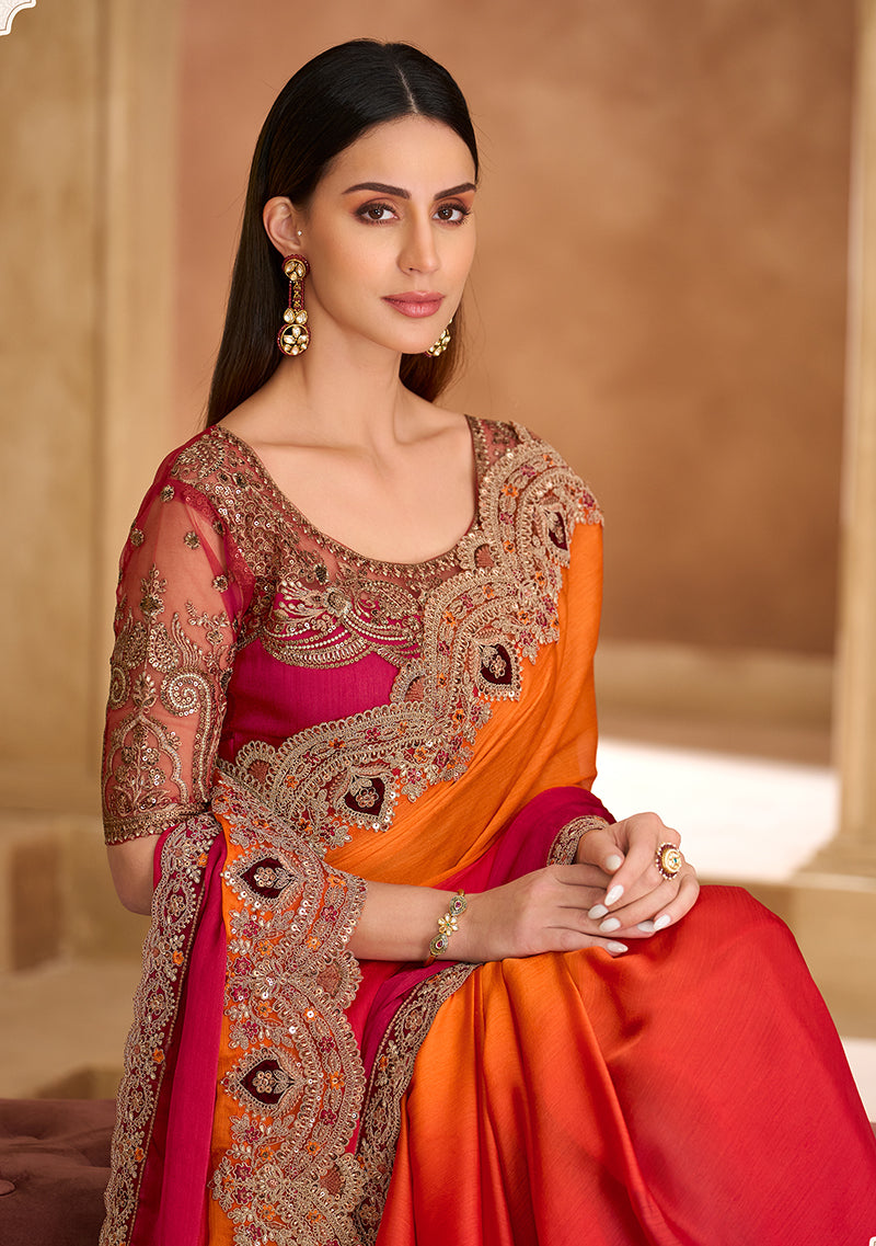Orange and Rani Pink Faux Chiffon Satin Embroidered Saree
