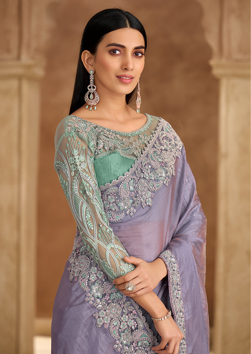 Lavender Faux Chiffon Embroidered Saree with Unstitched Blouse