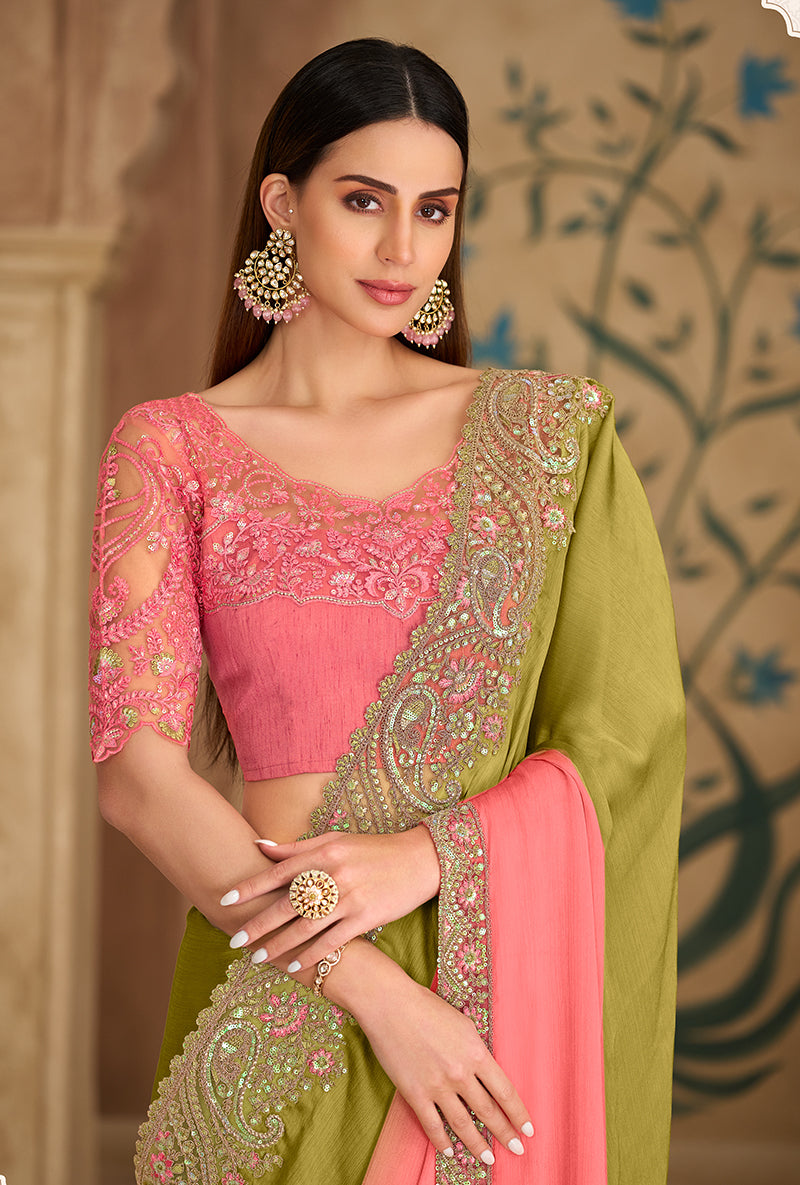 Parrot Green & Pink Embroidered Faux Georgette Saree