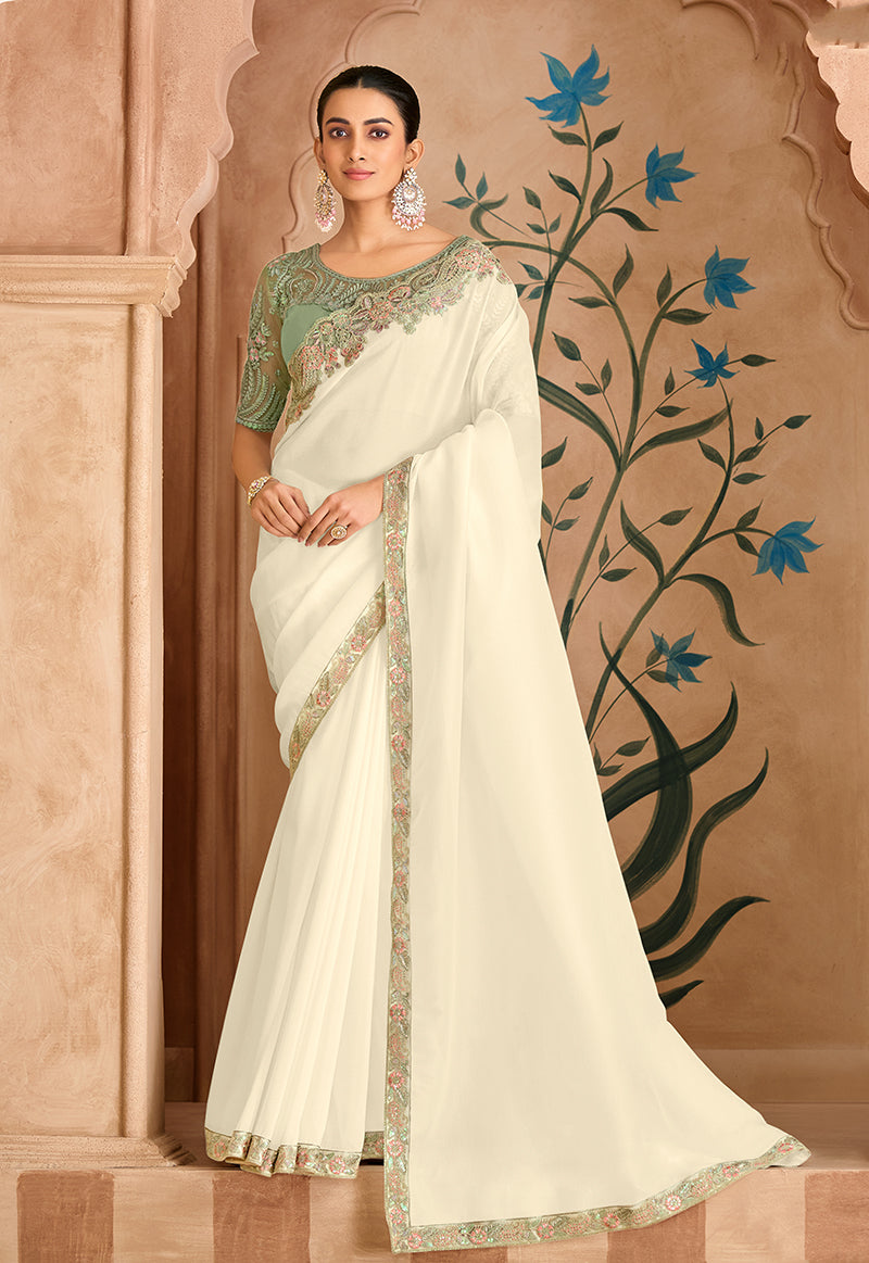 Off White Faux Chiffon Satin saree with detailed embroidered border