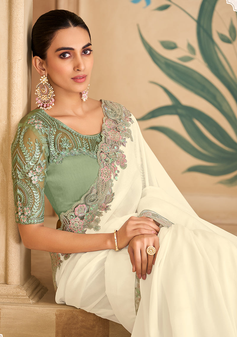 Off White Embroidered Faux Chiffon Satin Saree