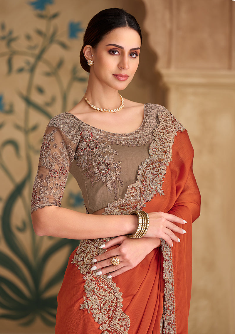 Orange Faux Chiffon Satin Embroidered Traditional Saree