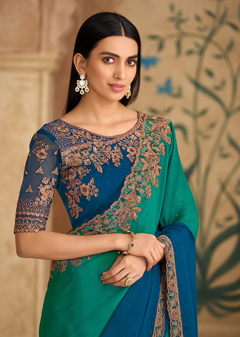 Teal Green and Blue Faux Chiffon Embroidered Traditional Saree