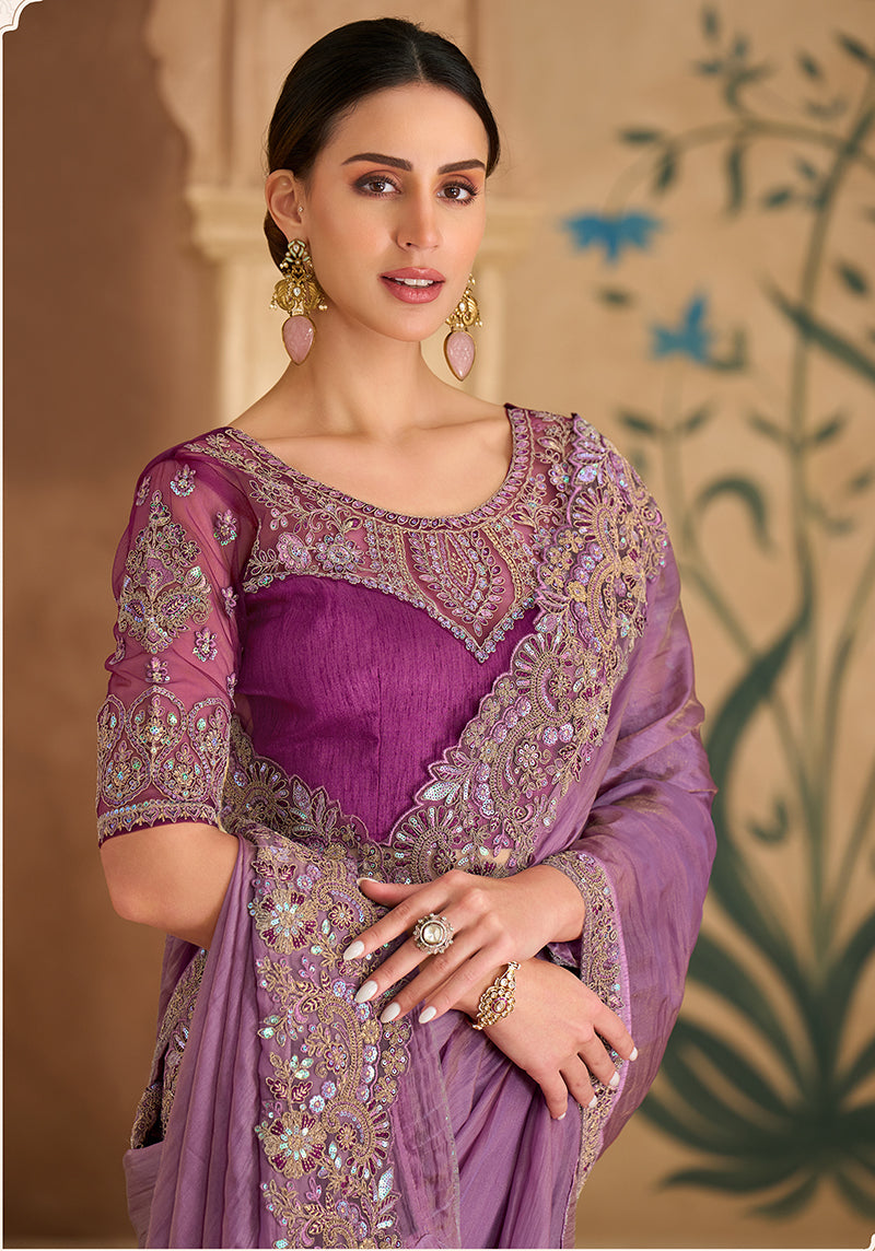 Onion Pink Faux Georgette Embroidered Classic Saree