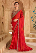 Shaded Red faux chiffon saree with embroidered border detail
