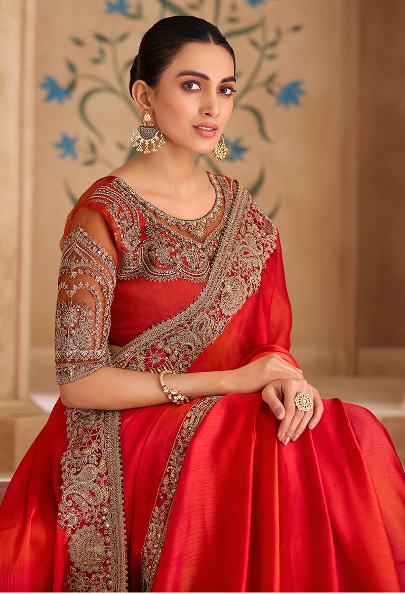 Shaded Red Faux Chiffon Embroidered Traditional Saree