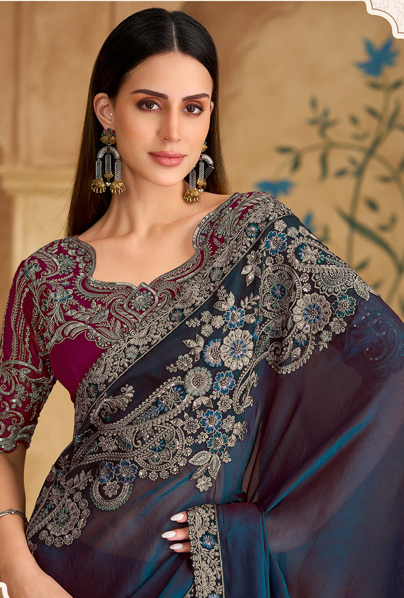 Navy Blue Faux Georgette Saree with Intricate Ethnic Embroidery