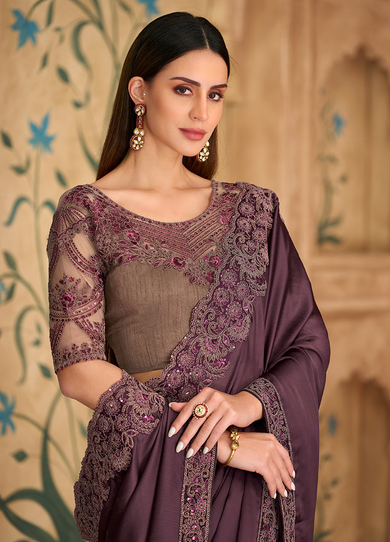 Wine Faux Chiffon Satin Embroidered Saree with Unstitched Blouse
