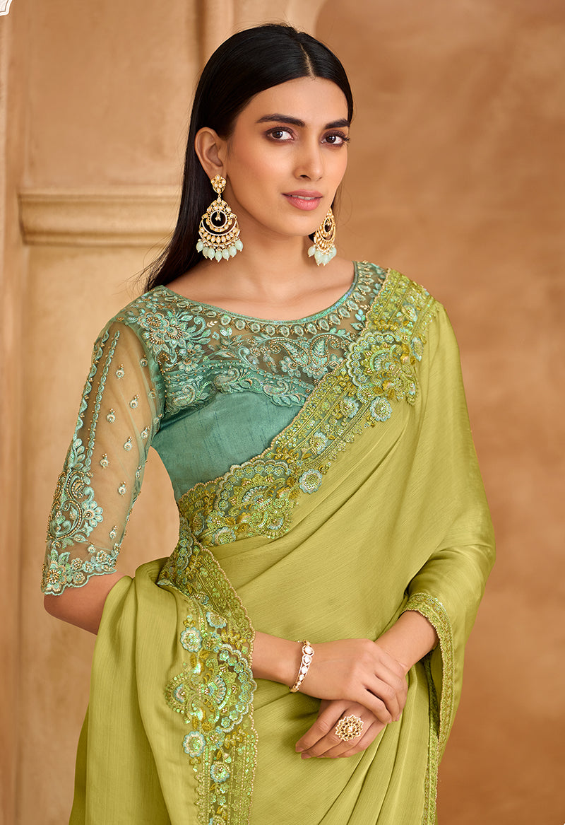 Light Green Faux Chiffon Satin Embroidered Saree