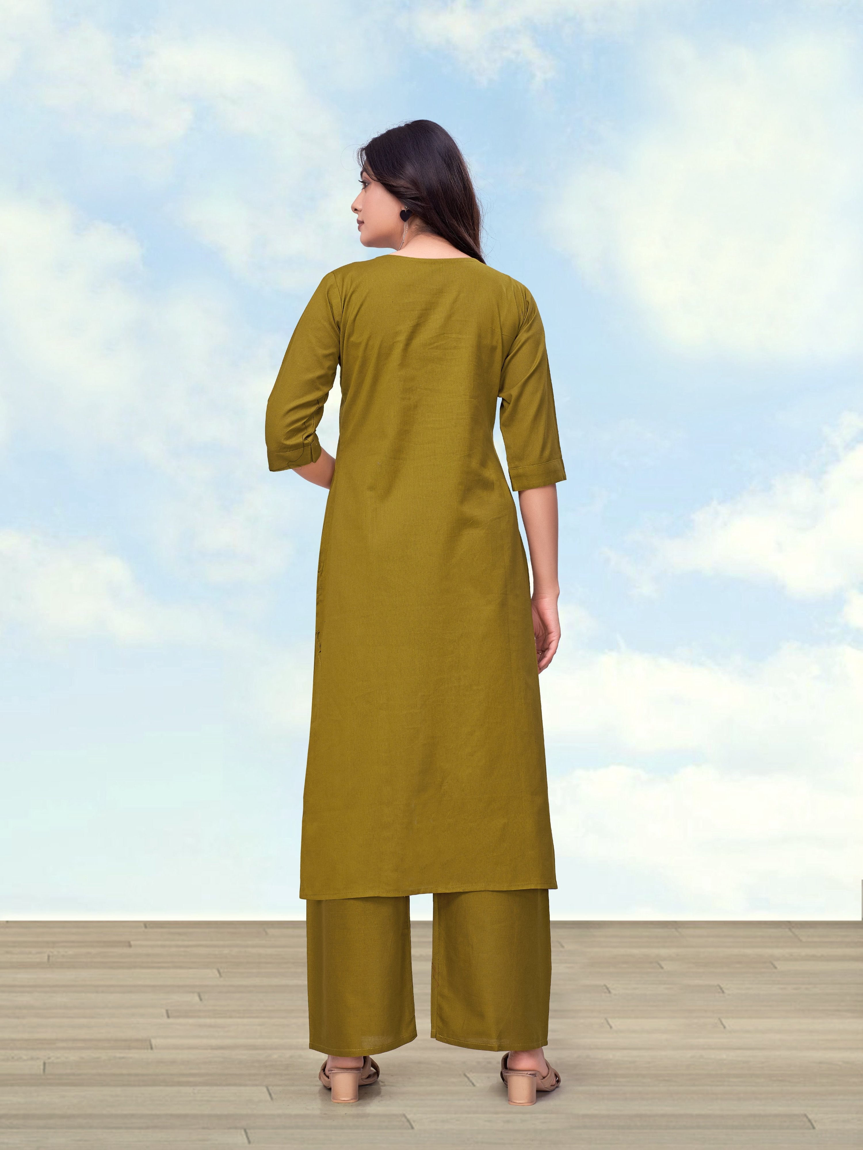 Olive Green Cotton Flex Straight Kurti and Pant Coord Set