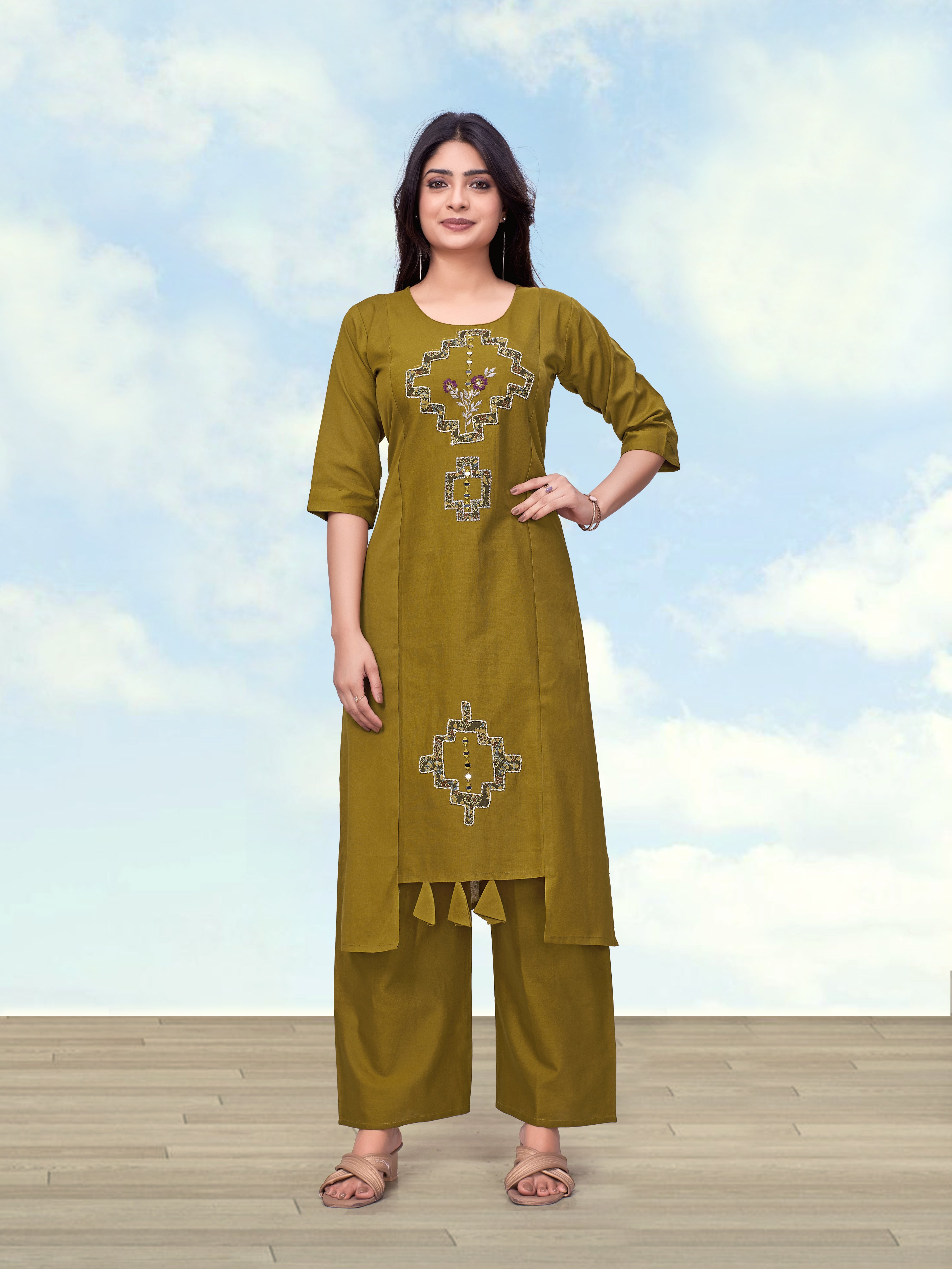 Olive Green Cotton Flex Straight Kurti and Pant Coord Set