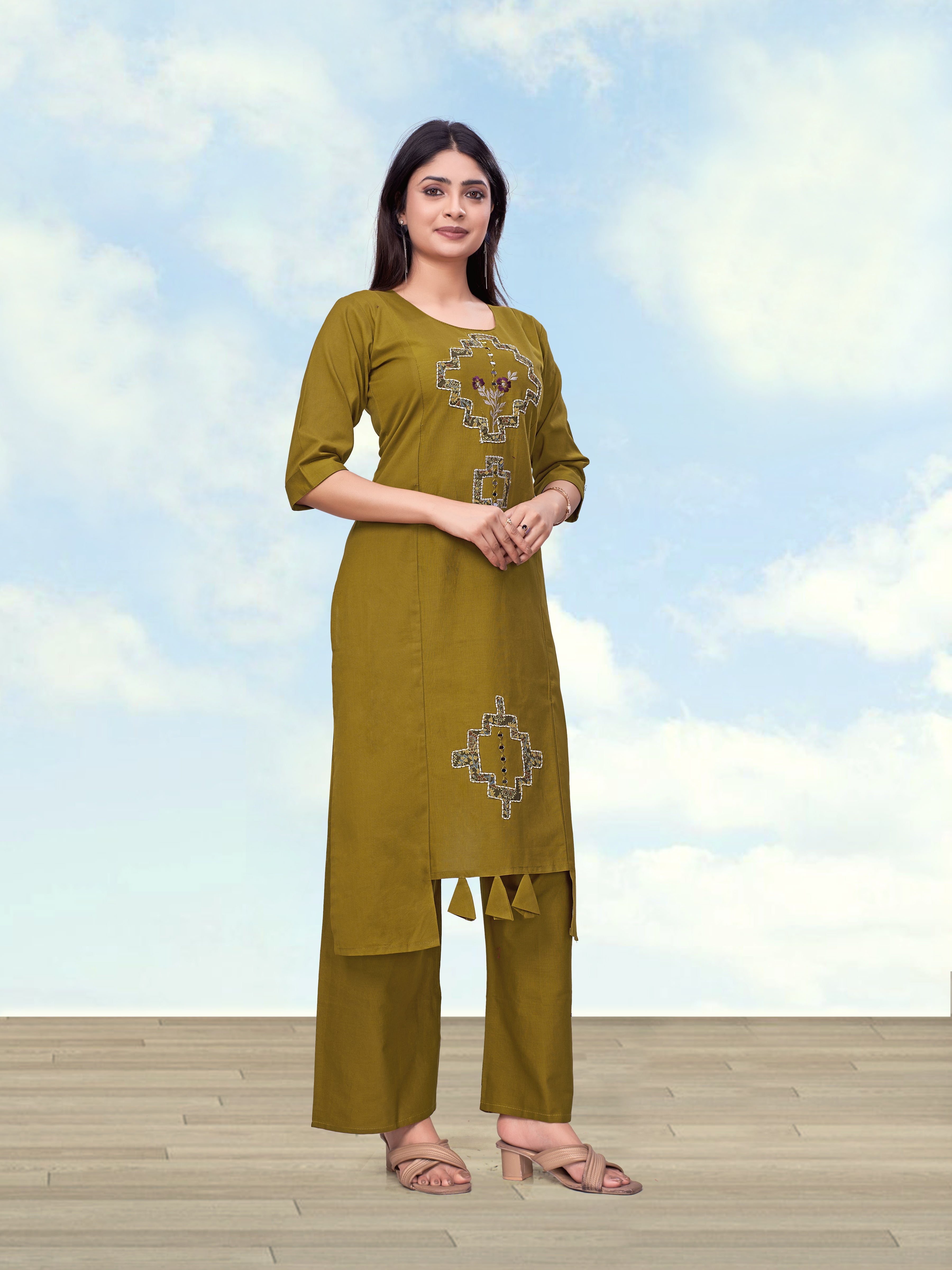 Olive Green Cotton Flex Straight Kurti and Pant Coord Set