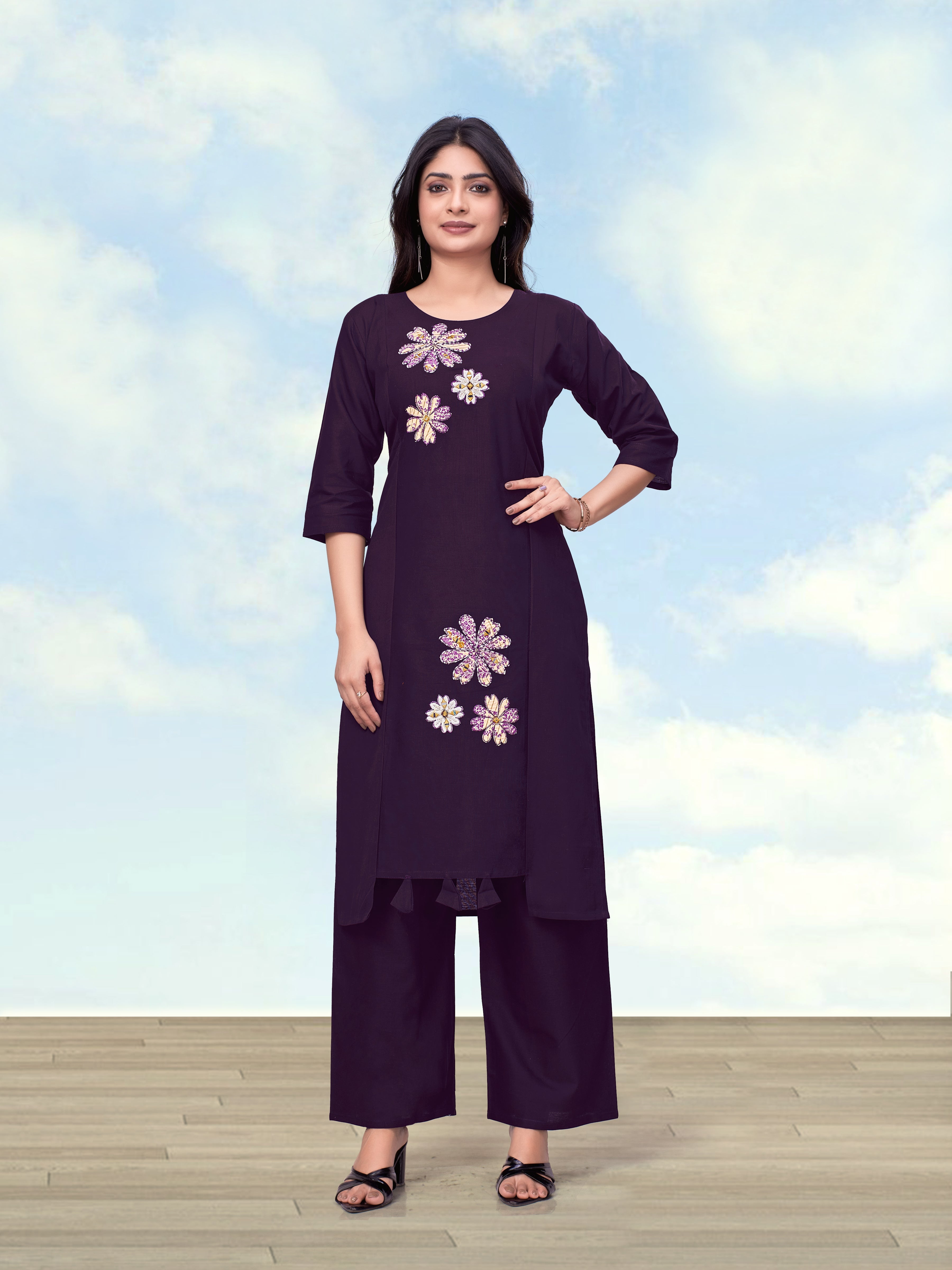 Dark Purple Cotton Flex straight kurta with resham embroidery and matching pants.