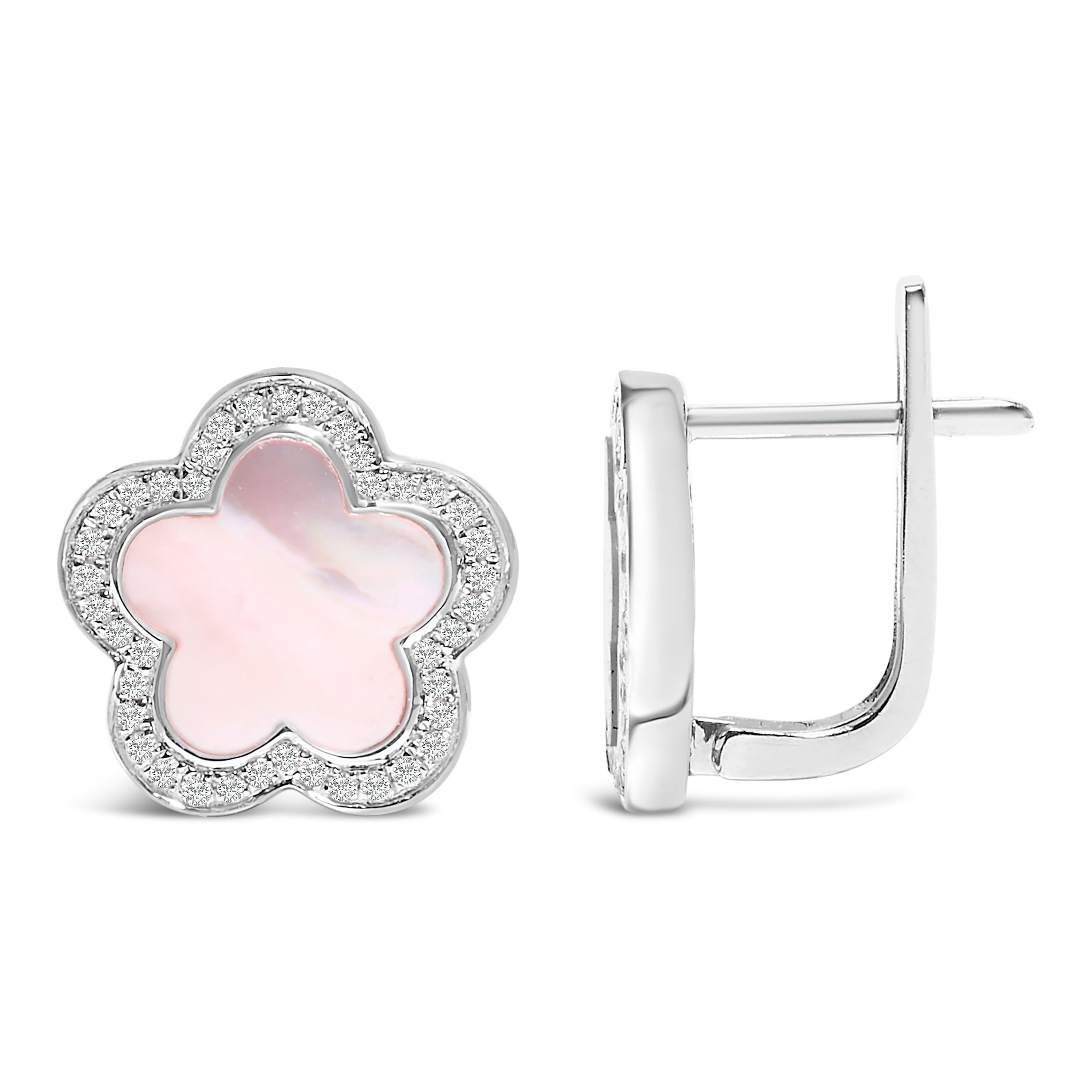14K White Gold Mother of Pearl and 1/5 Cttw Diamond Halo Star Stud Earrings