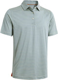 Close up of a men's striped performance golf polo shirt in a quick-dry jersey fabric