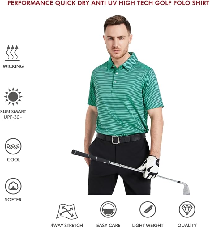 Men's Striped Performance Golf Polo Shirt Quick Dry Fabric