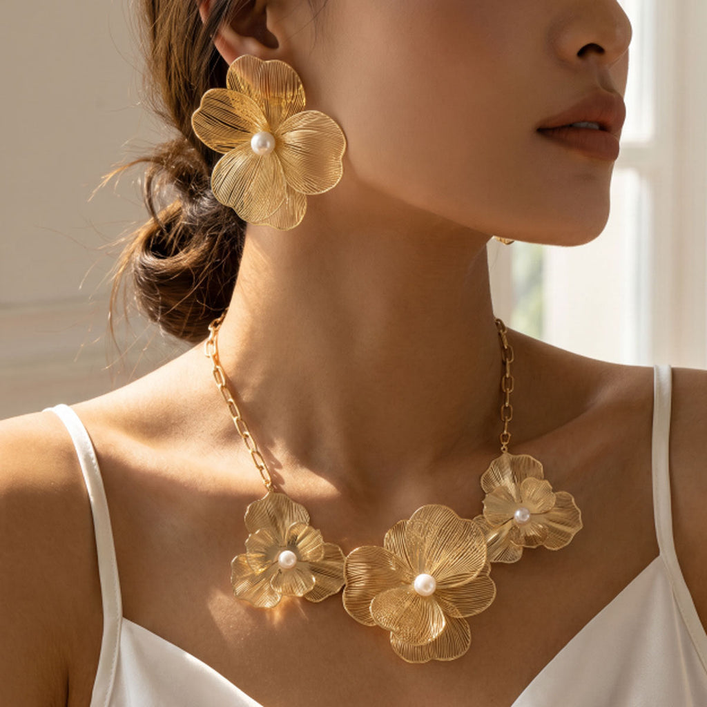Women Wire Mesh Floral Faux Pearl 2Pcs Jewelry Set, Paperclip Chain Necklace Large Flower Stud Earrings PVD Gold Plated For Wedding Party Gift