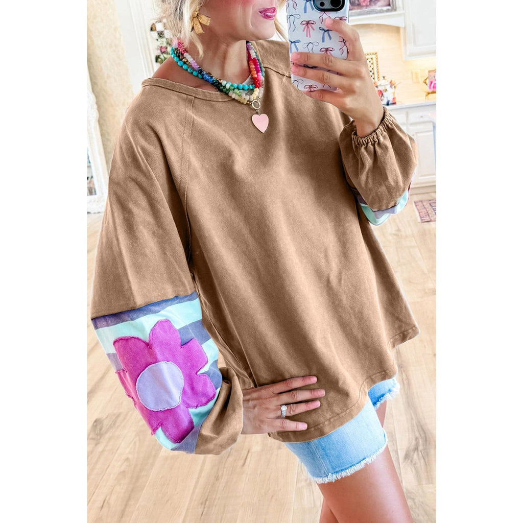 Dune Flower Patchwork Raglan Sleeve Exposed Seam Oversized Top