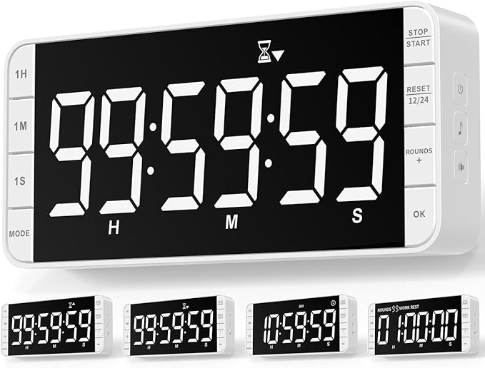 7.8'' Extra Large LED Kitchen Timer: 99H Countdown Countup with 3 Brightness, 5 Alarms & 4 Volume Levels, Magnetic Rechargeable Timer for Cooking, Classroom, Home Gym