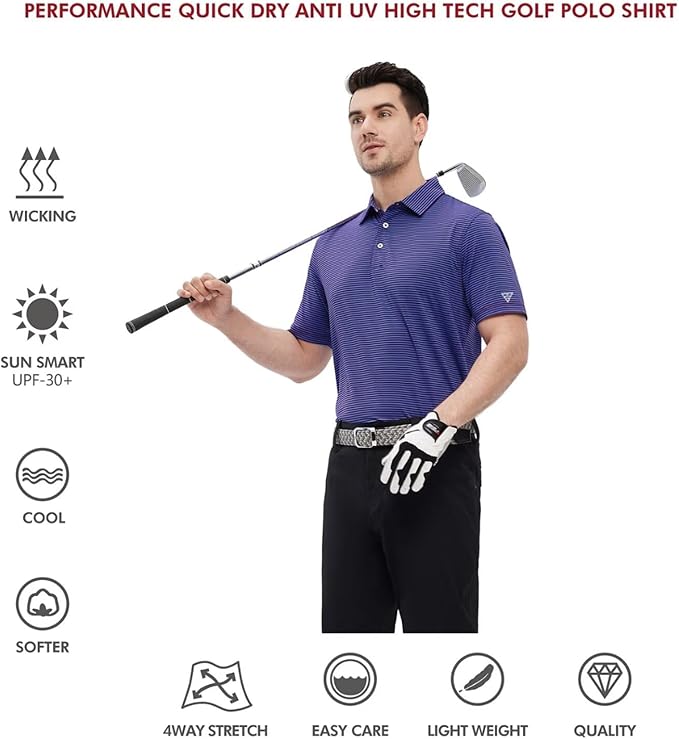 Men's Striped Performance Golf Polo Shirt Moisture Wicking Dry Fit