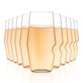 A set of 12 clear, shatterproof, stemless champagne flutes on a white background.
