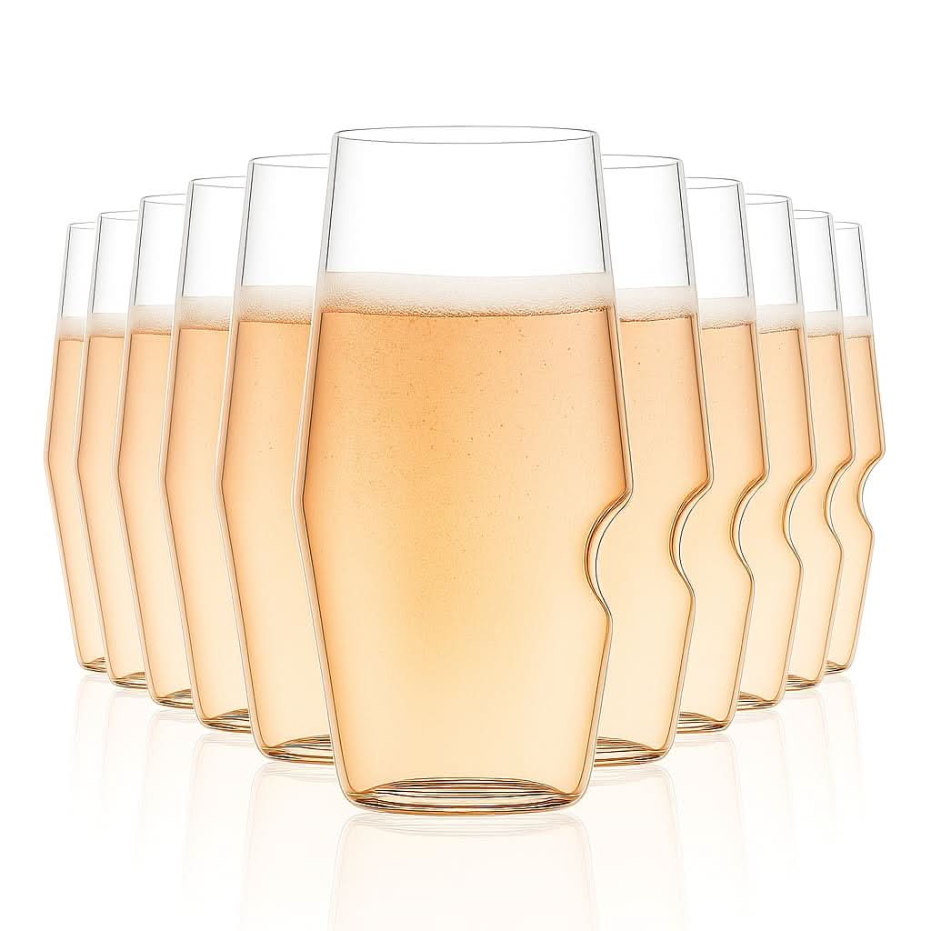A set of 12 clear, shatterproof, stemless champagne flutes on a white background.