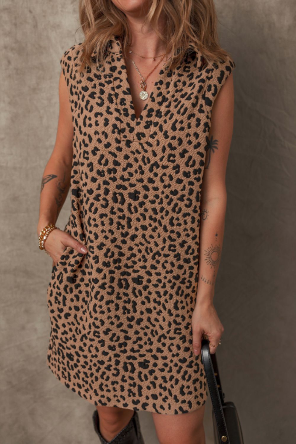 Leopard Print Sleeveless Mini Dress Tan and Black Summer Dress
