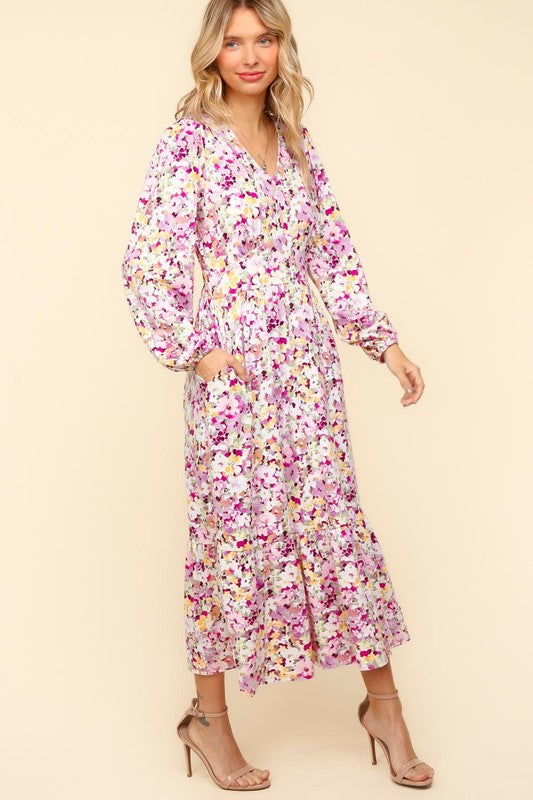 Lilac Floral V-Neck Long Sleeve Dress with Side Pockets