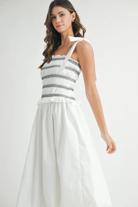 Smocked Bodice Bubble Midi Dress For Women – Stylish Smocked Bodice, Playful Bubble Skirt, Trendy Midi Dress, Chic Casual Look for Summer Outings