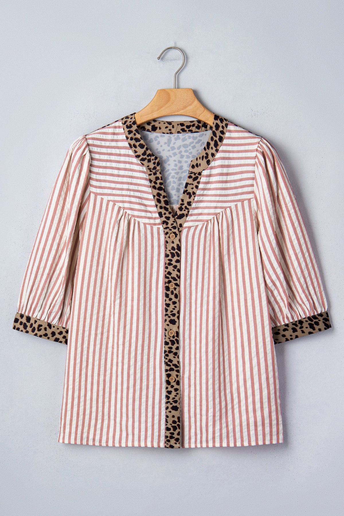 Stripe Leopard Trim V-Neck Buttoned Short Sleeve Shirt