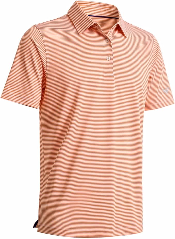 Men's orange and white striped performance golf polo with quick-dry technology