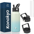 32 oz Insulated Water Bottle Stainless Steel Sport Bottles with 3 Lids,Mint
