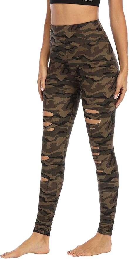 DIBAOLONG Womens High Waist Yoga Pants Cutout Ripped Tummy Control Workout Running Yoga Skinny Leggings