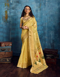 Mustard Paithani tissue handloom saree with gold zari border